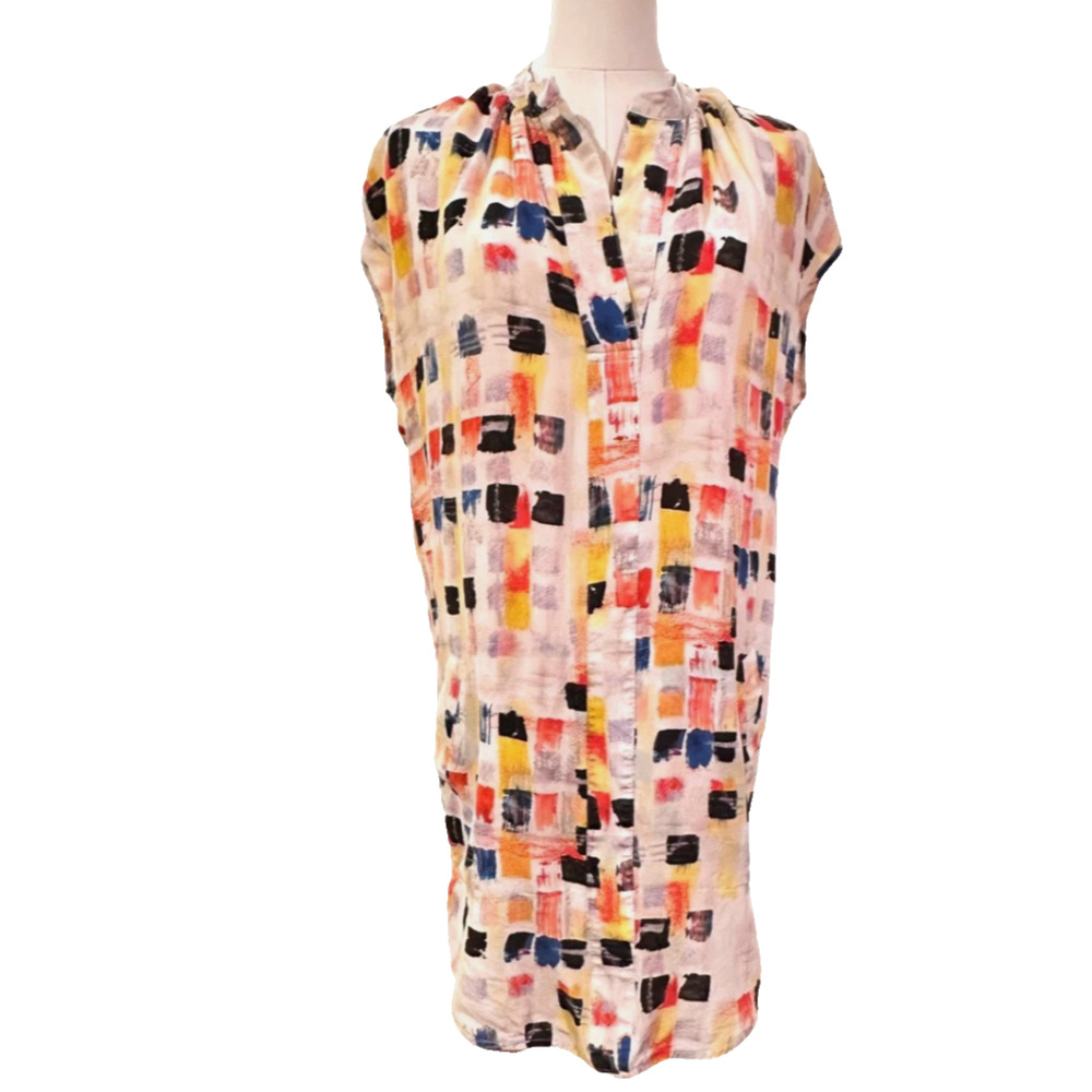 Anthropologie The Odells Silk Geo Print Cap Sleeve Shift Dress Oversized XS